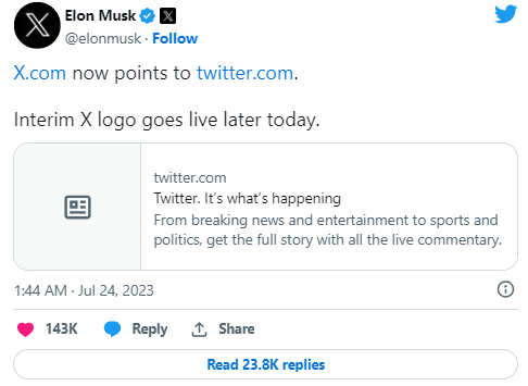 Twitter告别蓝鸟,马斯克将平台更名为X插图 Twitter告别蓝鸟,马斯克将平台更名为X