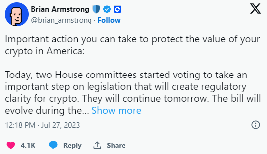 Coinbase首席执行官敦促代表对加密货币监管透明度法案投赞成票插图 Coinbase首席执行官敦促代表对加密货币监管透明度法案投赞成票