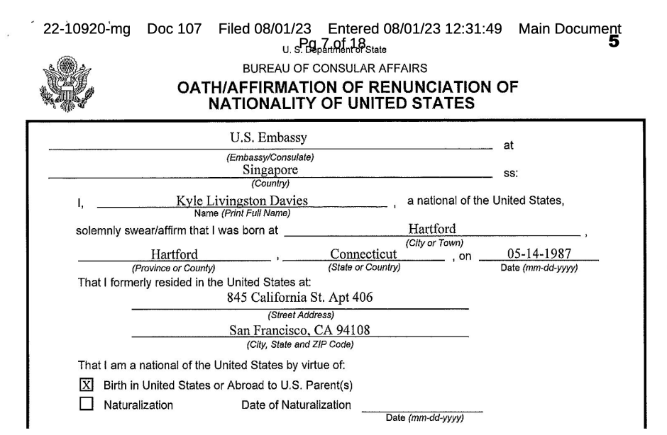 3AC联合创始人放弃美国国籍,不接受破产法院管辖插图 3AC联合创始人放弃美国国籍,不接受破产法院管辖
