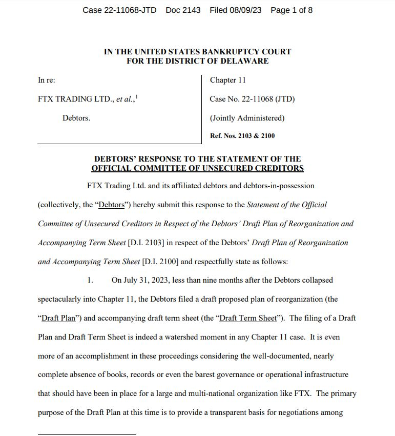 FTX债务人与UCC在重组中资产控制权发生冲突插图 FTX债务人与UCC在重组中资产控制权发生冲突