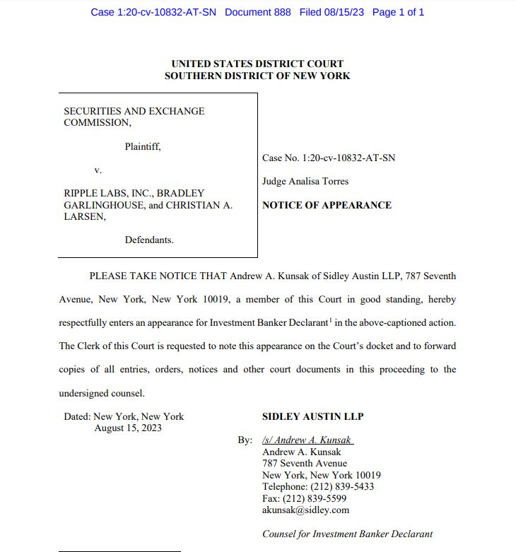 SEC诉Ripple:法官批准投资银行家声明人入境插图 SEC诉Ripple:法官批准投资银行家声明人入境