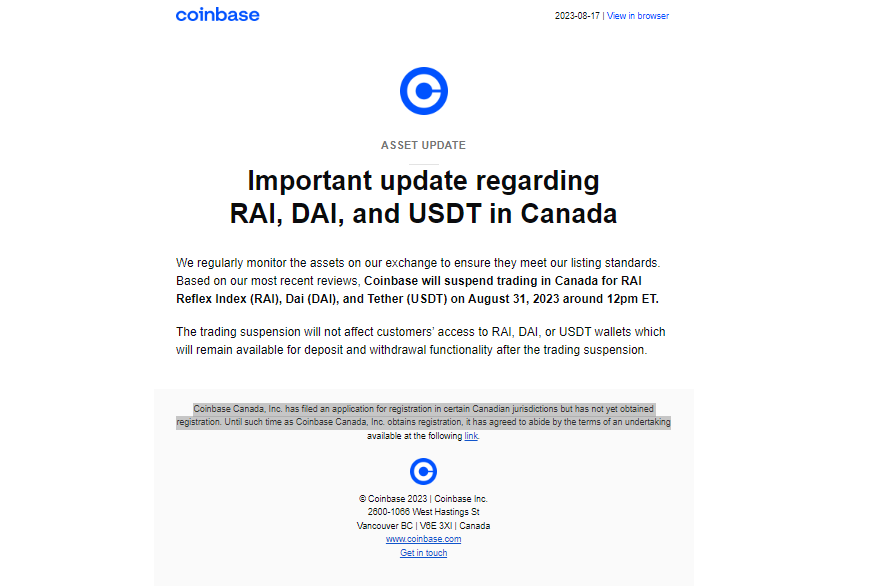 Coinbase将暂停加拿大用户的USDT交易插图 Coinbase将暂停加拿大用户的USDT交易
