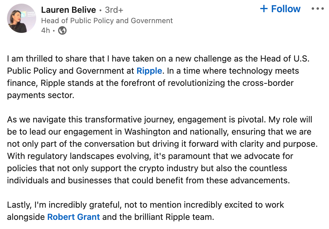 前白宫官员将领导Ripple的政策和政府关系部门插图 前白宫官员将领导Ripple的政策和政府关系部门