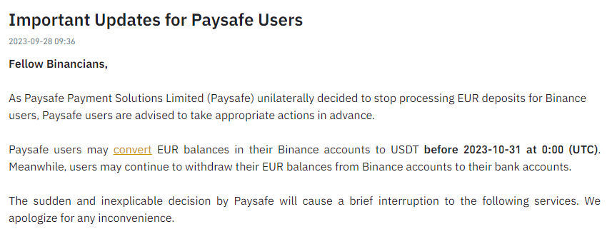 Paysafe取消银行业务后，币安敦促用户将欧元兑换成USDT