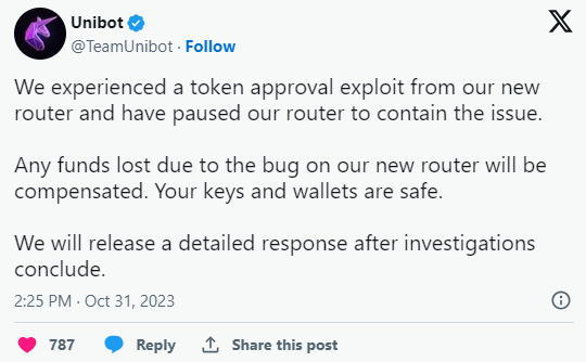 Unibot开发者通过Tornado Cash将被盗的加密货币交换为以太坊插图 Unibot开发者通过Tornado Cash将被盗的加密货币交换为以太坊