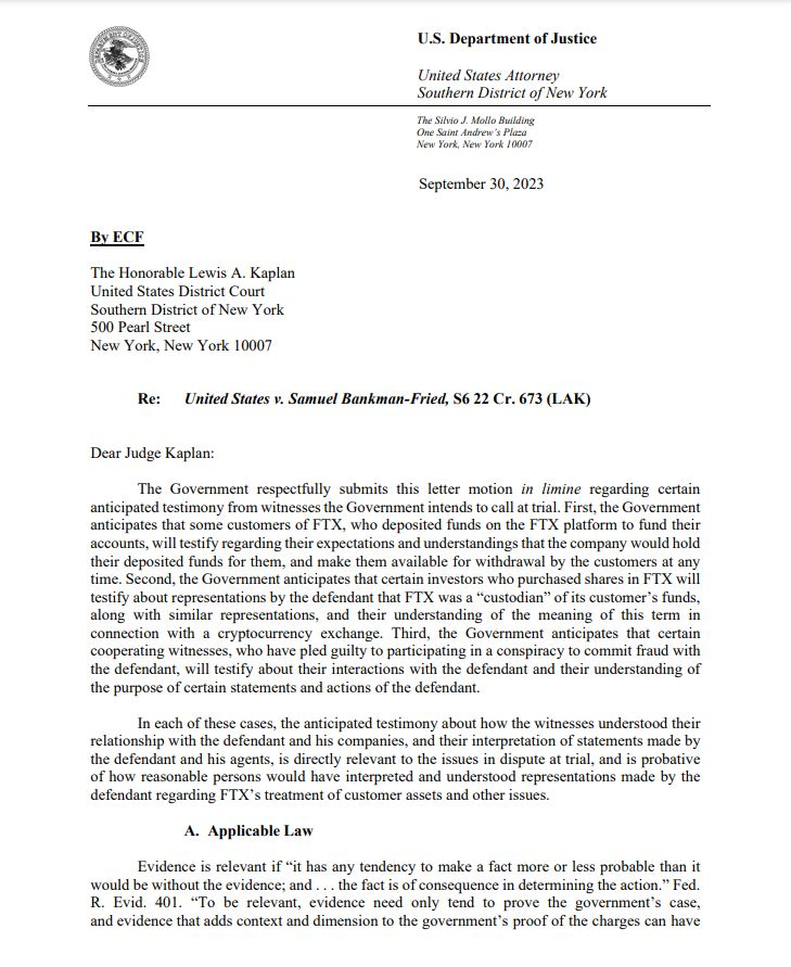 美国司法部在SBF审判中准备证人，并强调FTX资产管理