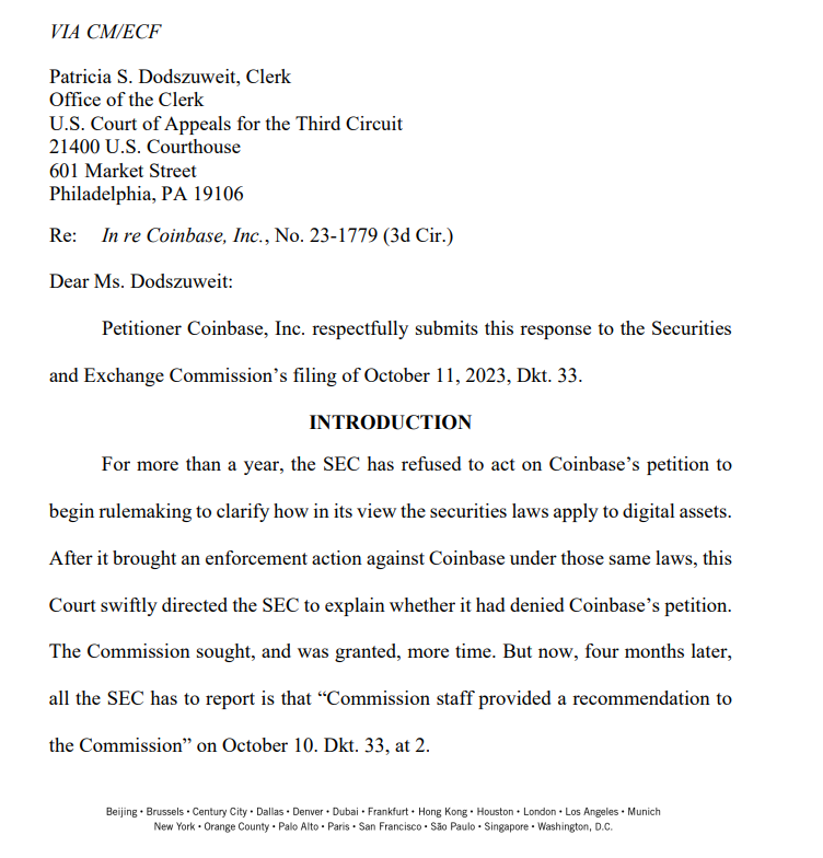 Coinbase继续推动迫使SEC对加密货币规则制定请愿书采取行动插图 Coinbase继续推动迫使SEC对加密货币规则制定请愿书采取行动