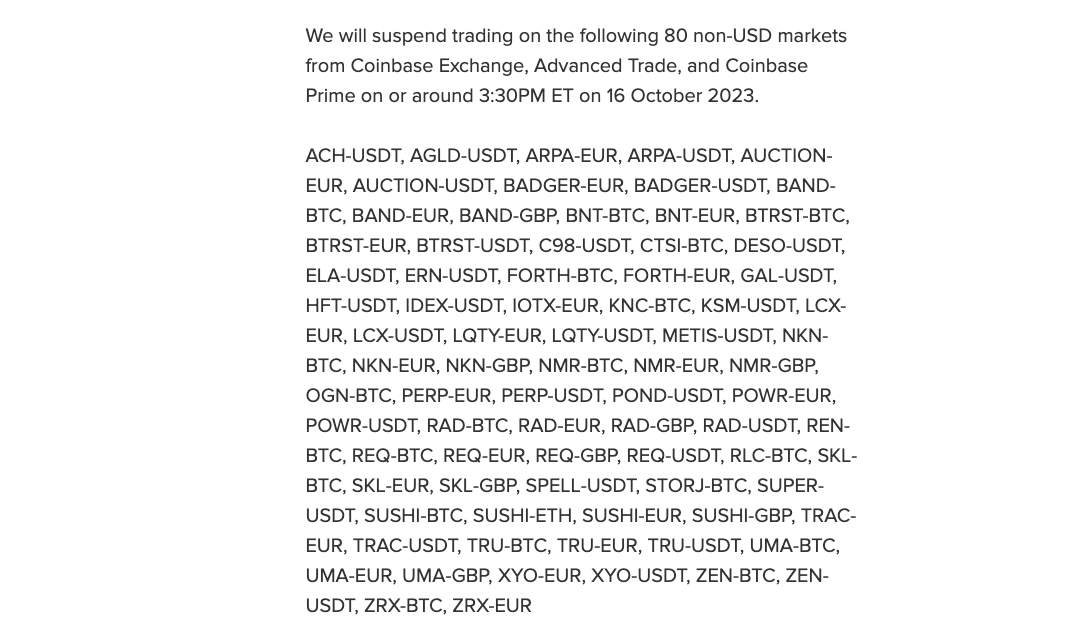 Coinbase暂停80个非美元交易对以提高流动性插图 Coinbase暂停80个非美元交易对以提高流动性