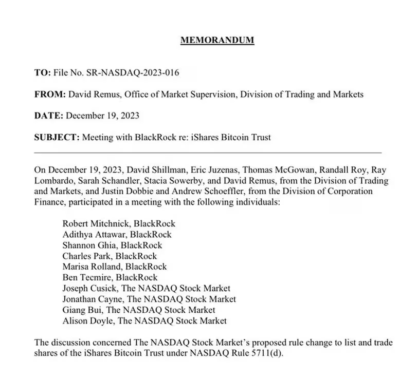 贝莱德、纳斯达克、美国证券交易委员会就比特币ETF进行会面插图 贝莱德、纳斯达克、美国证券交易委员会就比特币ETF进行会面