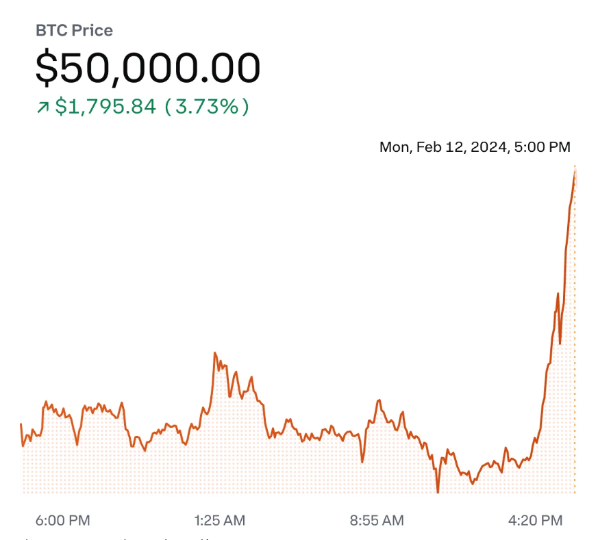 自2021年创下历史新高以来,比特币首次突破5万美元插图 自2021年创下历史新高以来,比特币首次突破5万美元