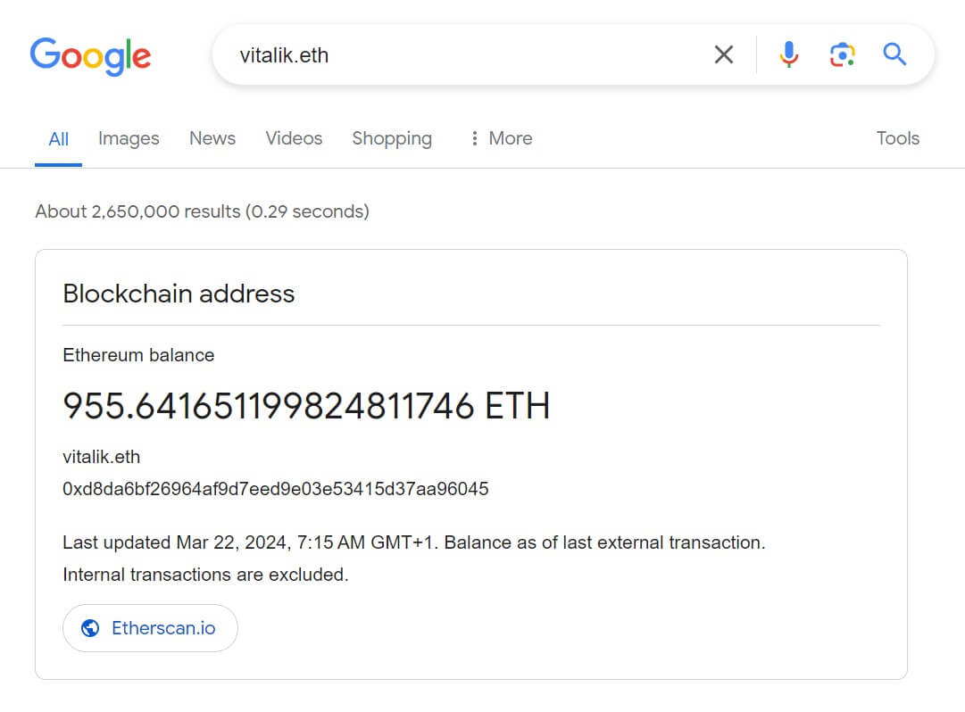 谷歌通过Etherscan将以太坊名称服务数据添加到搜索结果中插图 谷歌通过Etherscan将以太坊名称服务数据添加到搜索结果中