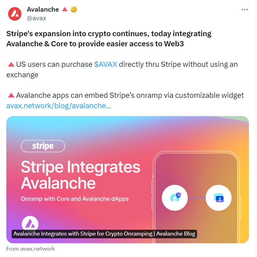 Avalanche与Stripe集成以实现法币到加密货币的上线