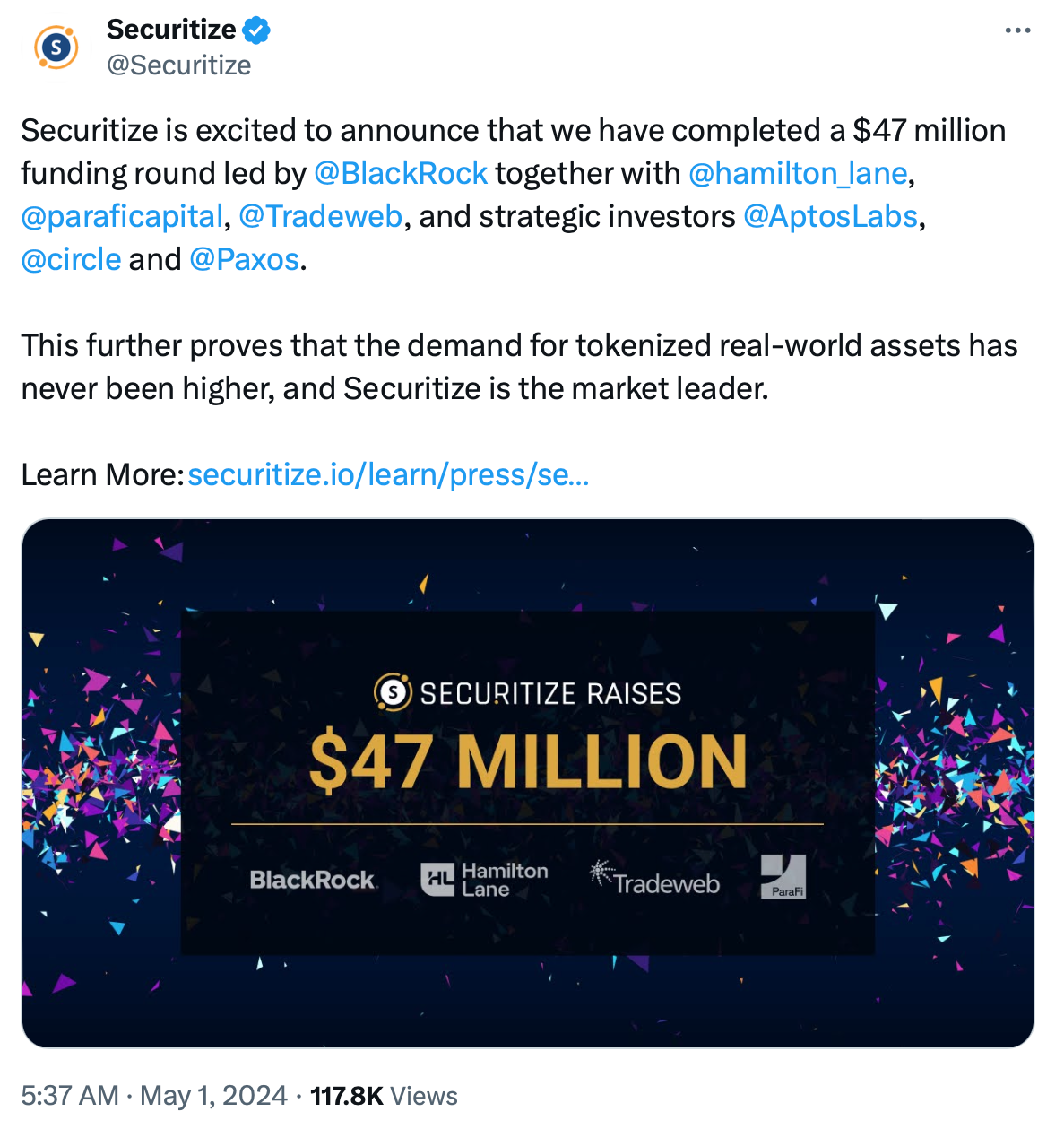 Securitize筹集4700万美元战略资金，由贝莱德领投