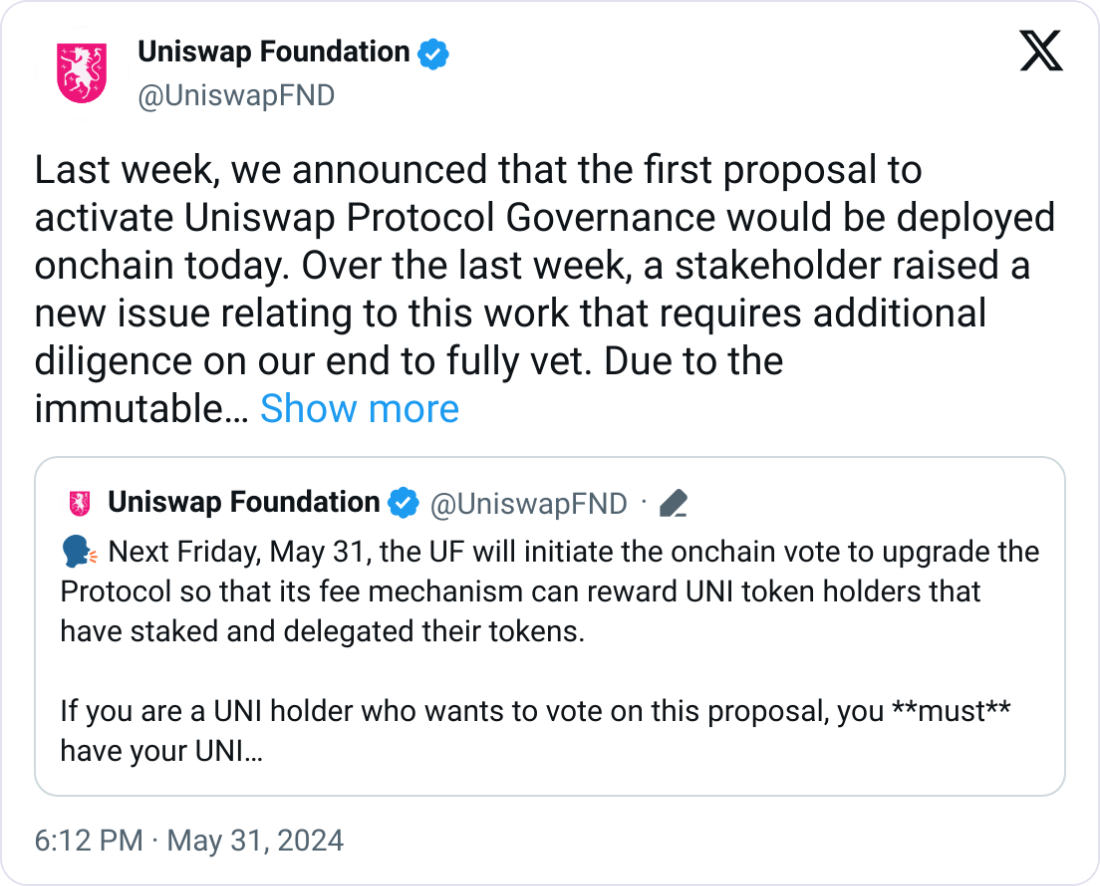 Uniswap基金会推迟对激励措施进行投票