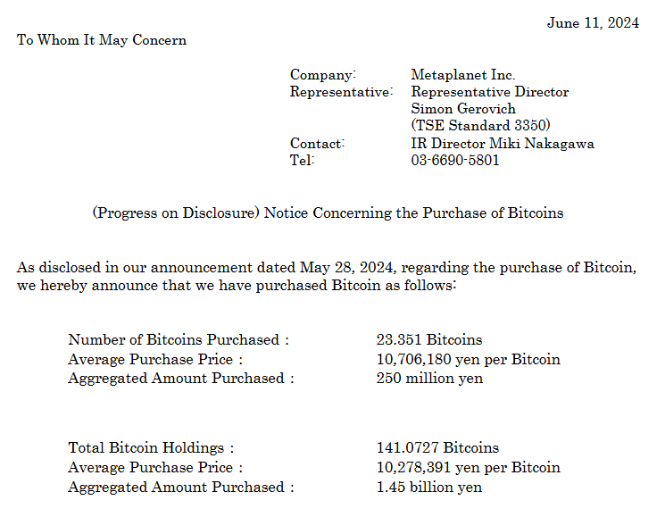 Metaplanet两个月内第三次收购比特币