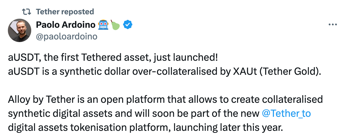 Tether推出以黄金为支撑的美元稳定币Alloy