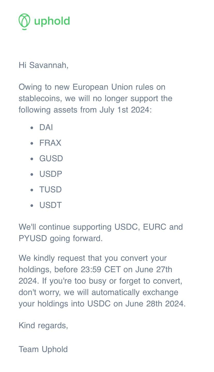 由于MiCA，Uphold将在7月1日前下架USDT等5种稳定币