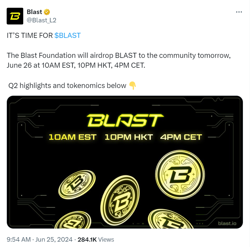 Blast空投将于6月26日启动，向早期用户分发17%的供应量