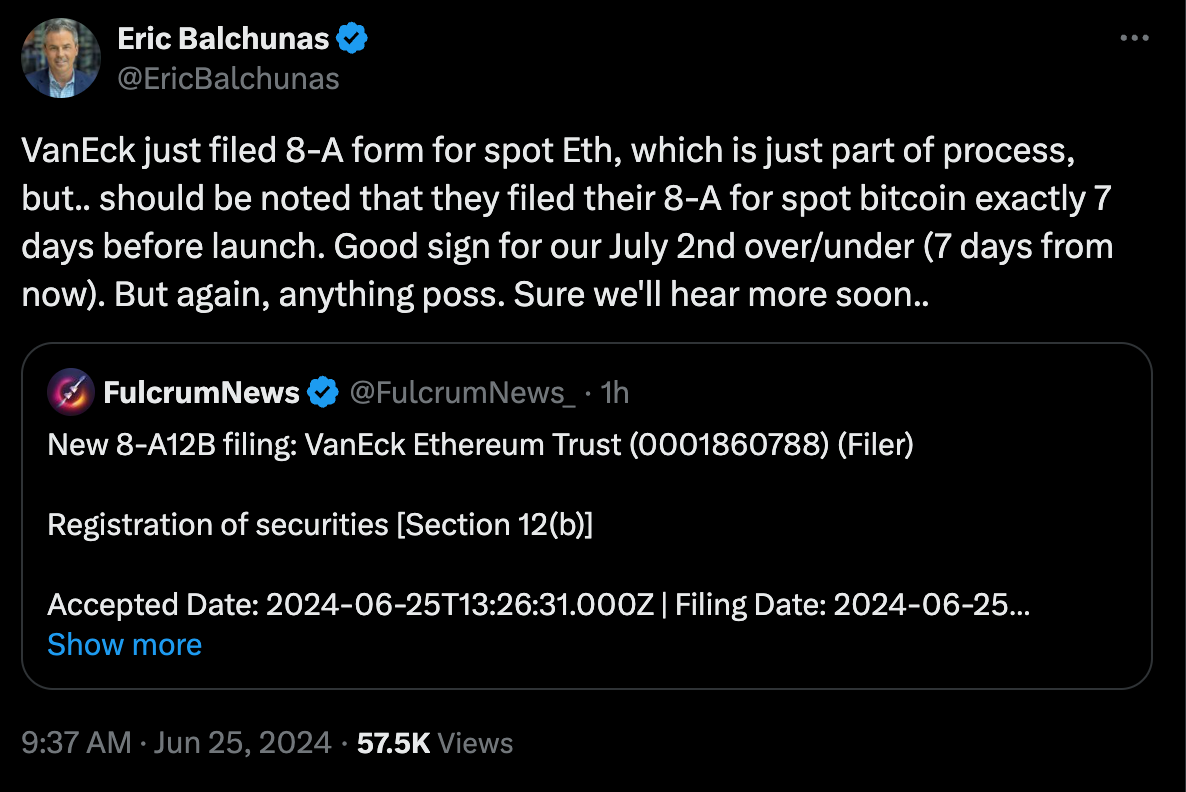 VanEck提交现货以太坊ETF 8-A表格，批准时间表公布？