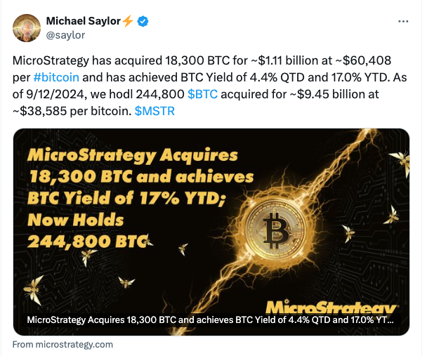 MicroStrategy增持18300比特币，目前持有价值141.4亿美元的比特币