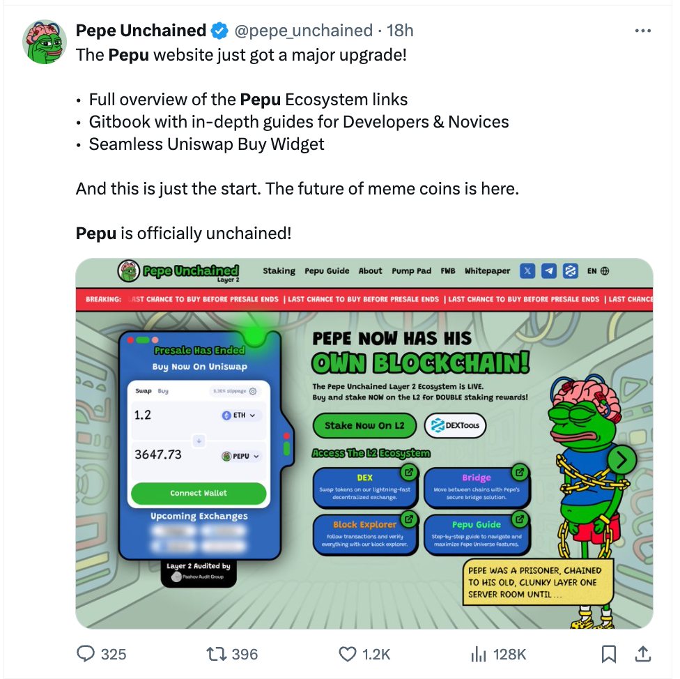 MEME币$PEPU预售后暴涨550%,$WEPE紧随其后插图 MEME币$PEPU预售后暴涨550%,$WEPE紧随其后