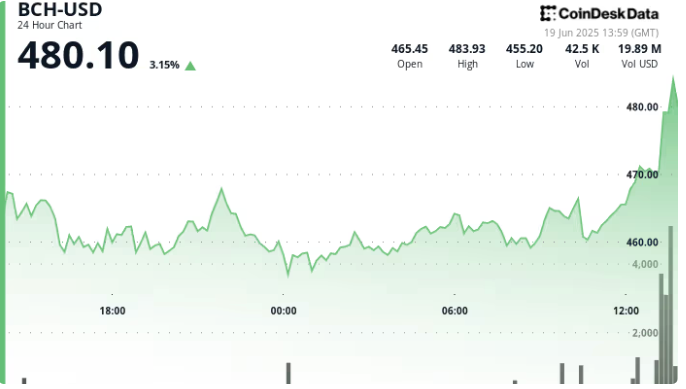 比特币现金价格飙升至480美元，24小时交易量飙升22%