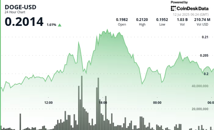 狗狗币DOGE行情飙升9%，随后急剧逆转，0.213美元阻力位阻止了反弹