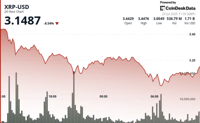 瑞波币XRP下跌 10% 后从近 3 美元反弹，预示可能触底