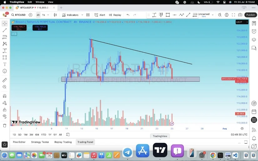 比特币今日价格：比特币跌破116,000美元支撑位将意味着看跌三角突破，这意味着什么？